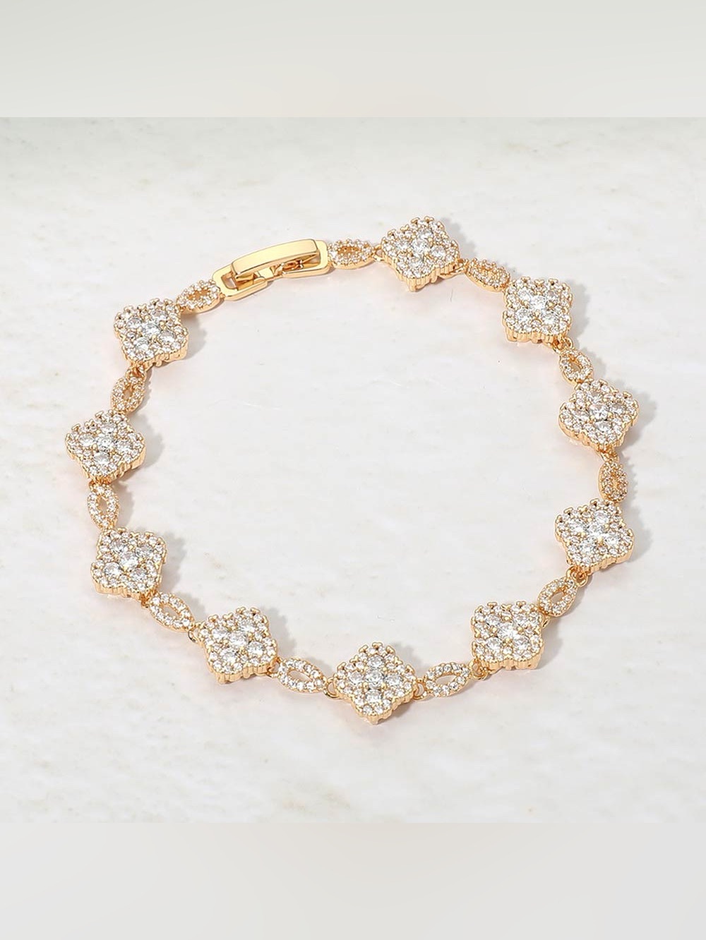 14K Gold Plated CZ Pave Quatrefoil Link Bracelet